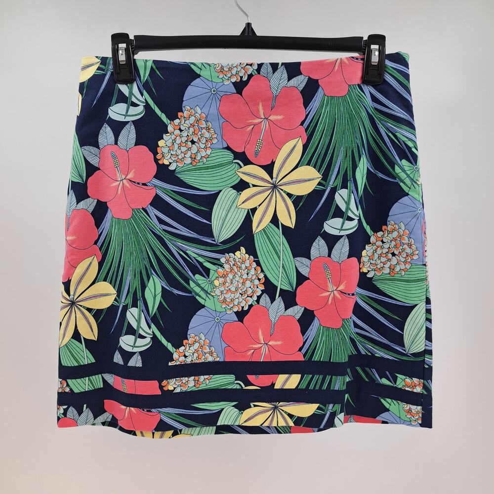 Talbots Skirt 12 Cotton Canvas A-Line Hibiscus Print Tropical Side Zip Navy Pink